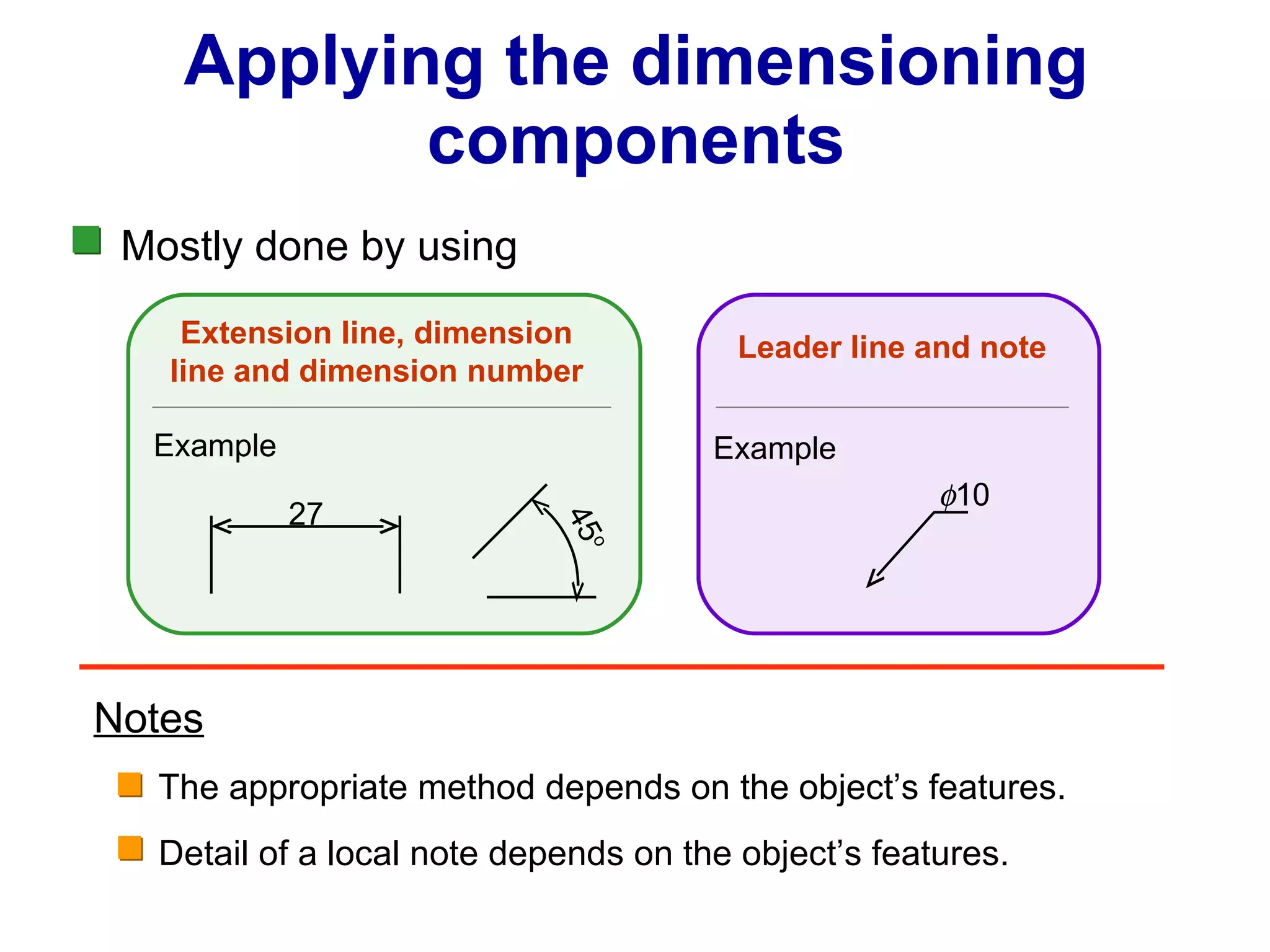 Applying the dimensioning components Extension line, dimension line and dimension number Mostly done by using Leader line and note  The appropriate method depends on the object’s features. 27  10 45 o Notes Detail of a local note depends on the object’s features. Example Example 