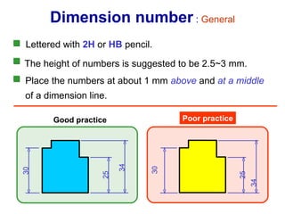 The height of numbers is suggested to be 2.5~3 mm. Place the numbers at about 1 mm  above  and  at a middle  of a   dimension line. Lettered with  2H  or  HB   pencil. Dimension number  :  General Good practice Poor practice 25 34 25 34 30 30 
