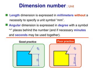 Angular   dimension is expressed in  degree  with a symbol “ o ” places behind the number (and if necessary  minutes  and  seconds  may be used together).  Length   dimension is expressed in  millimeters  without  a necessity to   specify a unit symbol “mm”. 25 Good practice Poor practice 60 o 25 mm 60 Dimension number  :  Unit 
