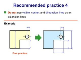 Do not  use  visible ,  center,  and  dimension lines  as an extension lines. Recommended practice 4 Example Poor practice 
