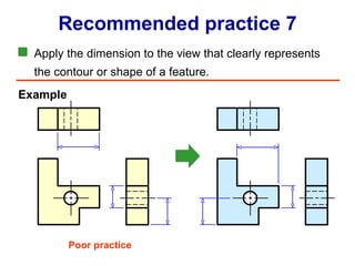 Apply the dimension to the view that clearly represents the contour or shape of a feature. Recommended practice 7 Example Poor practice 