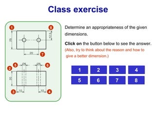 Good Good Poor Poor Poor Poor Good Good Class exercise Determine an appropriateness of the given dimensions. Click on  the button below to see the answer. (Also, try to think about the reason and how to  give a better dimension.) 1 2 3 4 5 6 7 8 1 2 3 4 5 6 7 8 