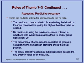 Copyright © 2010 Pearson Education, Inc., publishing as Prentice-Hall. 5-26
Rules of Thumb 7–3 Continued . . .
Rules of Thumb 7–3 Continued . . .
Assessing Predictive Accuracy
Assessing Predictive Accuracy
• There are multiple criteria for comparison to the hit ratio:
There are multiple criteria for comparison to the hit ratio:
 The maximum chance criterion for evaluating the hit ratio is
The maximum chance criterion for evaluating the hit ratio is
the most conservative, giving the highest baseline value to
the most conservative, giving the highest baseline value to
exceed.
exceed.
 Be cautious in using the maximum chance criterion in
Be cautious in using the maximum chance criterion in
situations with overall samples less than 10 and/or group
situations with overall samples less than 10 and/or group
sizes under 20.
sizes under 20.
 The proportional chance criterion considers all groups in
The proportional chance criterion considers all groups in
establishing the comparison standard and is the most
establishing the comparison standard and is the most
popular.
popular.
 The actual predictive accuracy (hit ratio) should exceed the
The actual predictive accuracy (hit ratio) should exceed the
any criterion value by at least 25%.
any criterion value by at least 25%.
 