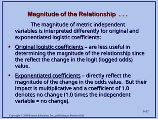 Copyright © 2010 Pearson Education, Inc., publishing as Prentice-Hall.
6-52
Magnitude of the Relationship . . .
Magnitude of the Relationship . . .
The magnitude of metric independent
The magnitude of metric independent
variables is interpreted differently for original and
variables is interpreted differently for original and
exponentiated logistic coefficients:
exponentiated logistic coefficients:
• Original logistic coefficients
Original logistic coefficients – are less useful in
– are less useful in
determining the magnitude of the relationship since
determining the magnitude of the relationship since
the reflect the change in the logit (logged odds)
the reflect the change in the logit (logged odds)
value.
value.
• Exponentiated coefficients
Exponentiated coefficients – directly reflect the
– directly reflect the
magnitude of the change in the odds value. But their
magnitude of the change in the odds value. But their
impact is multiplicative and a coefficient of 1.0
impact is multiplicative and a coefficient of 1.0
denotes no change (1.0 times the independent
denotes no change (1.0 times the independent
variable = no change).
variable = no change).
 