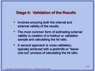 Copyright © 2010 Pearson Education, Inc., publishing as Prentice-Hall.
6-55
Stage 6: Validation of the Results
Stage 6: Validation of the Results
• Involves ensuring both the internal and
Involves ensuring both the internal and
external validity of the results.
external validity of the results.
• The most common form of estimating external
The most common form of estimating external
validity is creation of a holdout or validation
validity is creation of a holdout or validation
sample and calculating the hit ratio.
sample and calculating the hit ratio.
• A second approach is cross-validation,
A second approach is cross-validation,
typically achieved with a jackknife or “leave-
typically achieved with a jackknife or “leave-
one-out” process of calculating the hit ratio.
one-out” process of calculating the hit ratio.
 