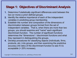 Copyright © 2010 Pearson Education, Inc., publishing as Prentice-Hall. 5-8
Stage 1: Objectives of Discriminant Analysis
Stage 1: Objectives of Discriminant Analysis
1.
1. Determine if statistically significant differences exist between the
Determine if statistically significant differences exist between the
two (or more) a priori defined groups.
two (or more) a priori defined groups.
2.
2. Identify the relative importance of each of the independent
Identify the relative importance of each of the independent
variables in predicting group membership.
variables in predicting group membership.
3.
3. Establish the number and composition of the dimensions of
Establish the number and composition of the dimensions of
discrimination between groups formed from the set of
discrimination between groups formed from the set of
independent variables. That is, when there are more than two
independent variables. That is, when there are more than two
groups, you should examine and "name" each significant
groups, you should examine and "name" each significant
discriminant function. The number of significant functions
discriminant function. The number of significant functions
determines the "dimensions“ / discriminant functions and what
determines the "dimensions“ / discriminant functions and what
they represent in distinguishing the groups.
they represent in distinguishing the groups.
4.
4. Develop procedures for classifying objects (individuals, firms,
Develop procedures for classifying objects (individuals, firms,
products, etc.) into groups, and then examining the predictive
products, etc.) into groups, and then examining the predictive
accuracy (hit ratio) of the discriminant function to see if it is
accuracy (hit ratio) of the discriminant function to see if it is
acceptable (> 25% increase).
acceptable (> 25% increase).
 