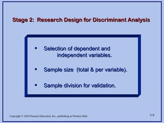 Copyright © 2010 Pearson Education, Inc., publishing as Prentice-Hall. 5-9
• Selection of dependent and
Selection of dependent and
independent variables.
independent variables.
• Sample size (total & per variable).
Sample size (total & per variable).
• Sample division for validation.
Sample division for validation.
Stage 2: Research Design for Discriminant Analysis
Stage 2: Research Design for Discriminant Analysis
 