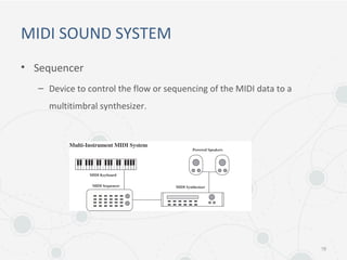MIDI SOUND SYSTEM
• Sequencer
– Device to control the flow or sequencing of the MIDI data to a
multitimbral synthesizer.
18
 