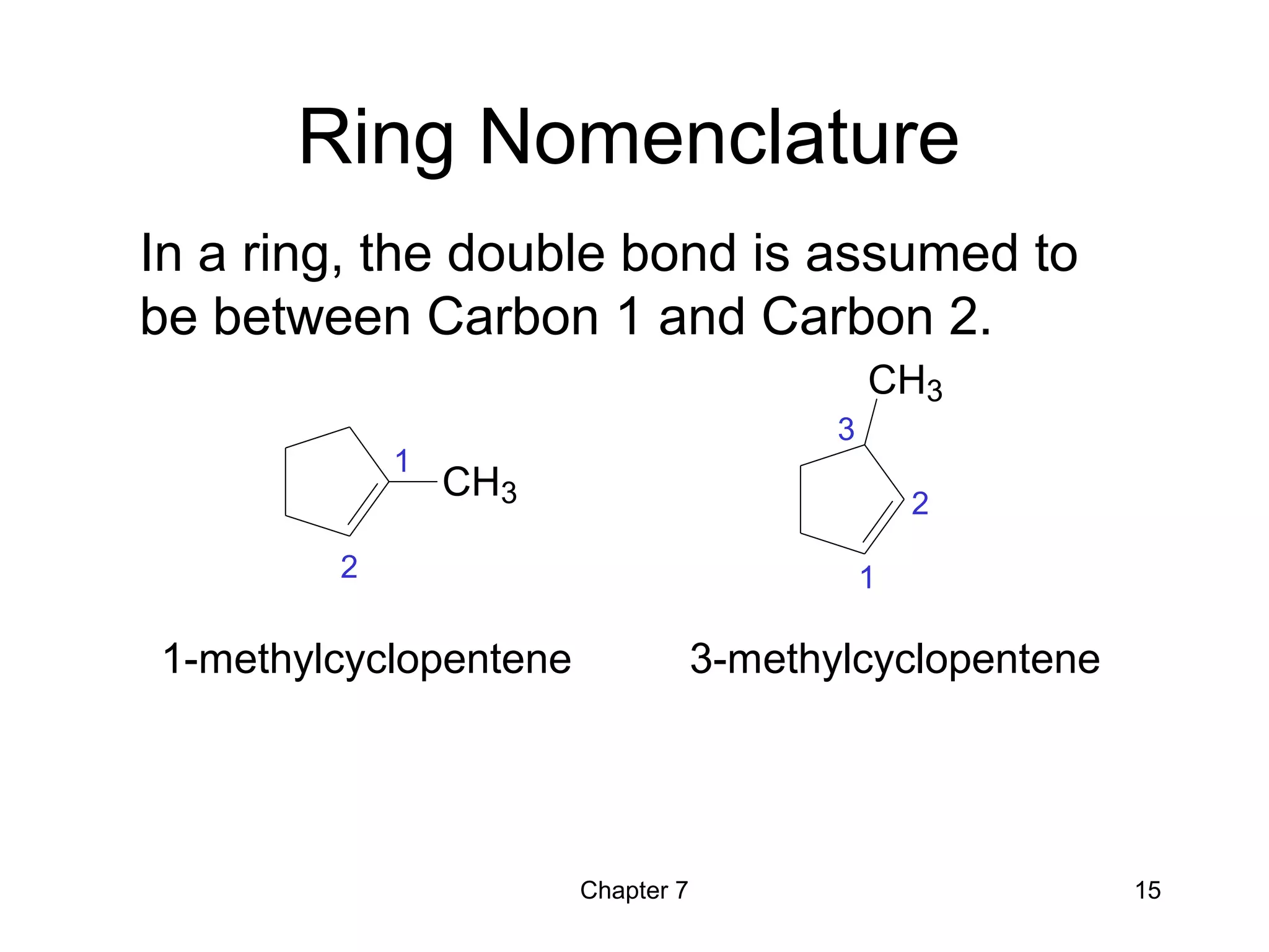 Chapter 7 15
Ring Nomenclature
1-methylcyclopentene
In a ring, the double bond is assumed to
be between Carbon 1 and Carbon 2.
CH3
CH3
1
2 1
2
3
3-methylcyclopentene
 