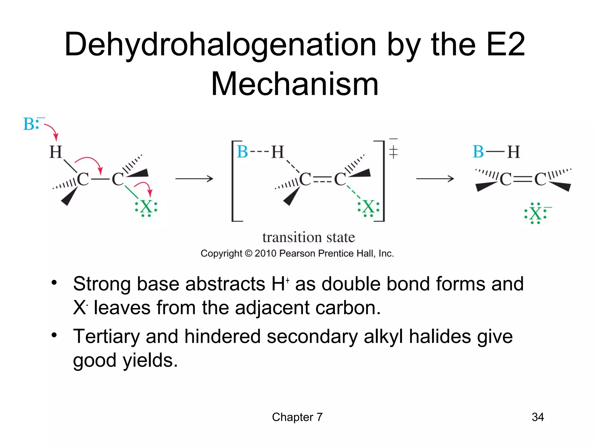 Chapter 7 34
Dehydrohalogenation by the E2
Mechanism
• Strong base abstracts H+
as double bond forms and
X-
leaves from the adjacent carbon.
• Tertiary and hindered secondary alkyl halides give
good yields.
 