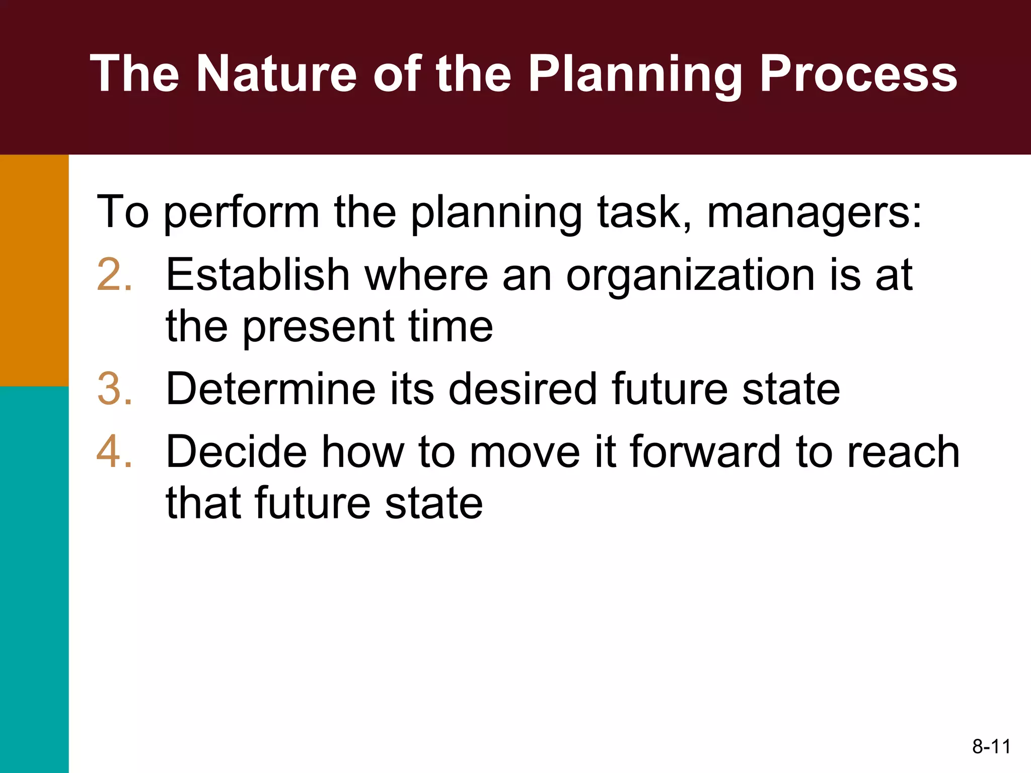 The Nature of the Planning Process To perform the planning task, managers: Establish where an organization is at the present time Determine its desired future state Decide how to move it forward to reach that future state 8- 