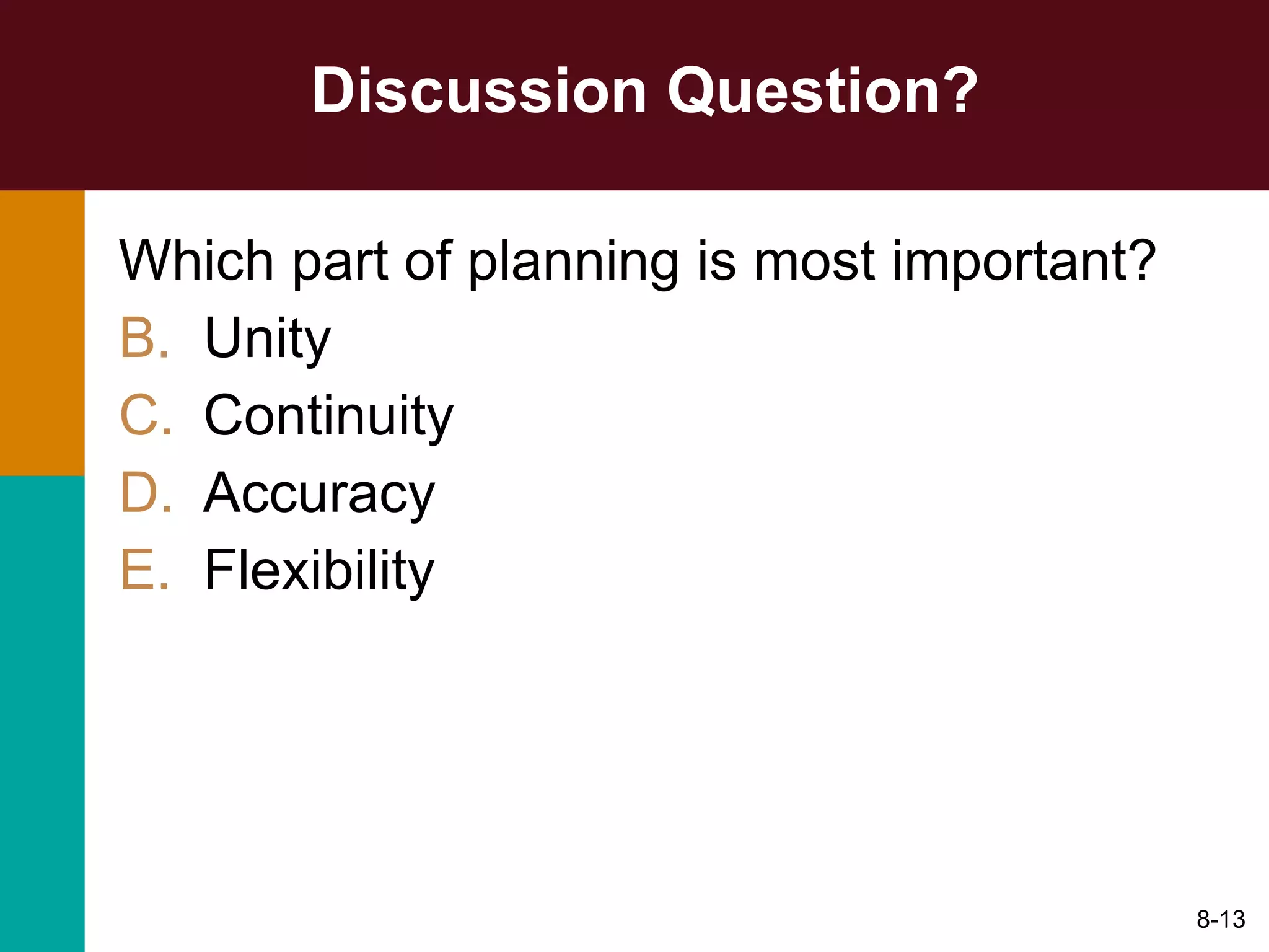 Discussion Question? Which part of planning is most important? Unity Continuity Accuracy Flexibility  8- 