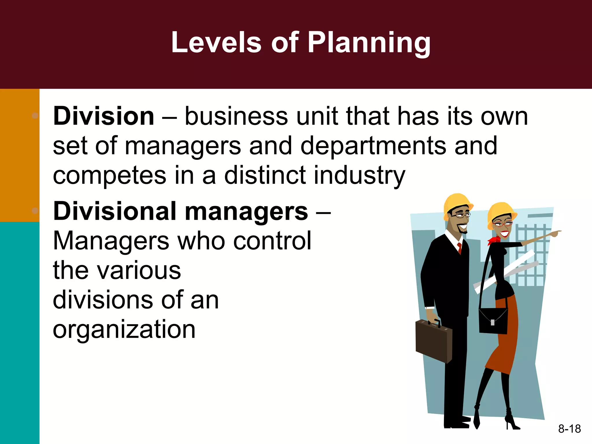 Levels of Planning Division  – business unit that has its own set of managers and departments and competes in a distinct industry Divisional managers  –  Managers who control  the various  divisions of an  organization 8- 