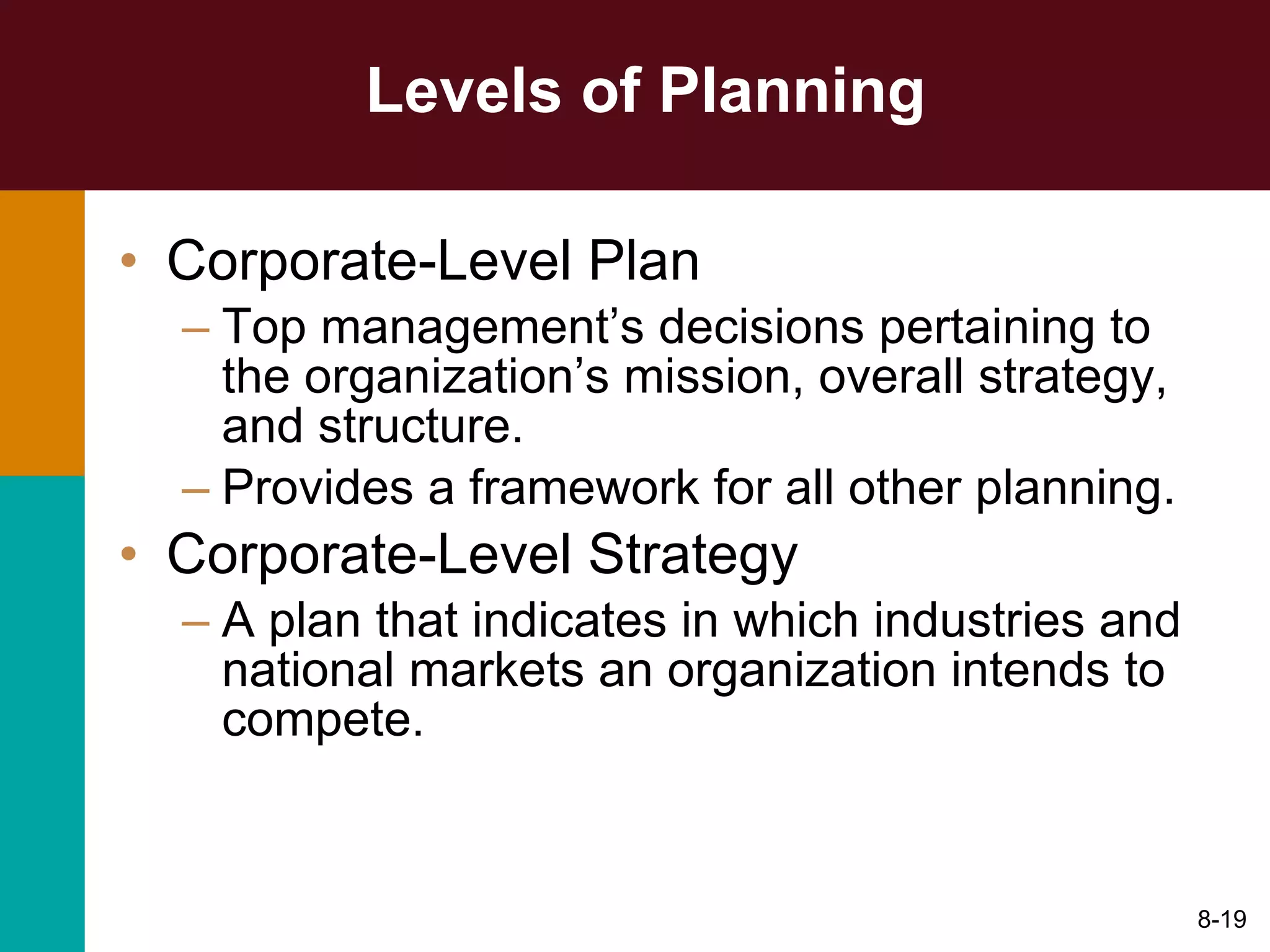 Levels of Planning Corporate-Level Plan Top management’s decisions pertaining to the organization’s mission, overall strategy, and structure. Provides a framework for all other planning. Corporate-Level Strategy A plan that indicates in which industries and national markets an organization intends to compete. 8- 