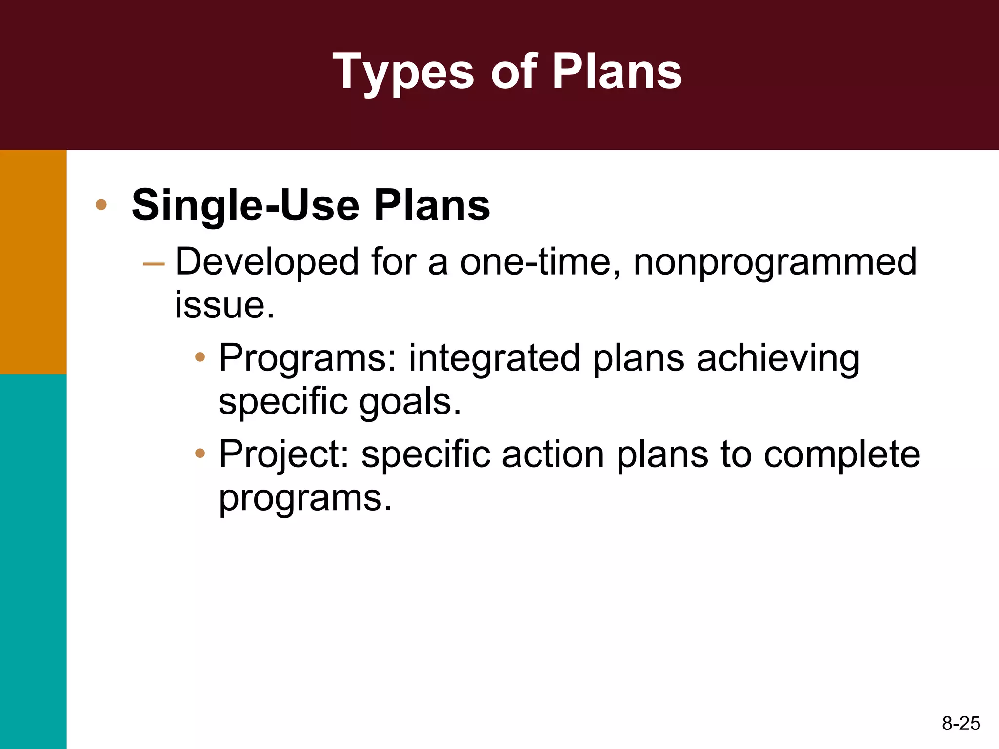 Types of Plans Single-Use Plans Developed for a one-time, nonprogrammed issue. Programs: integrated plans achieving specific goals. Project: specific action plans to complete programs. 8- 