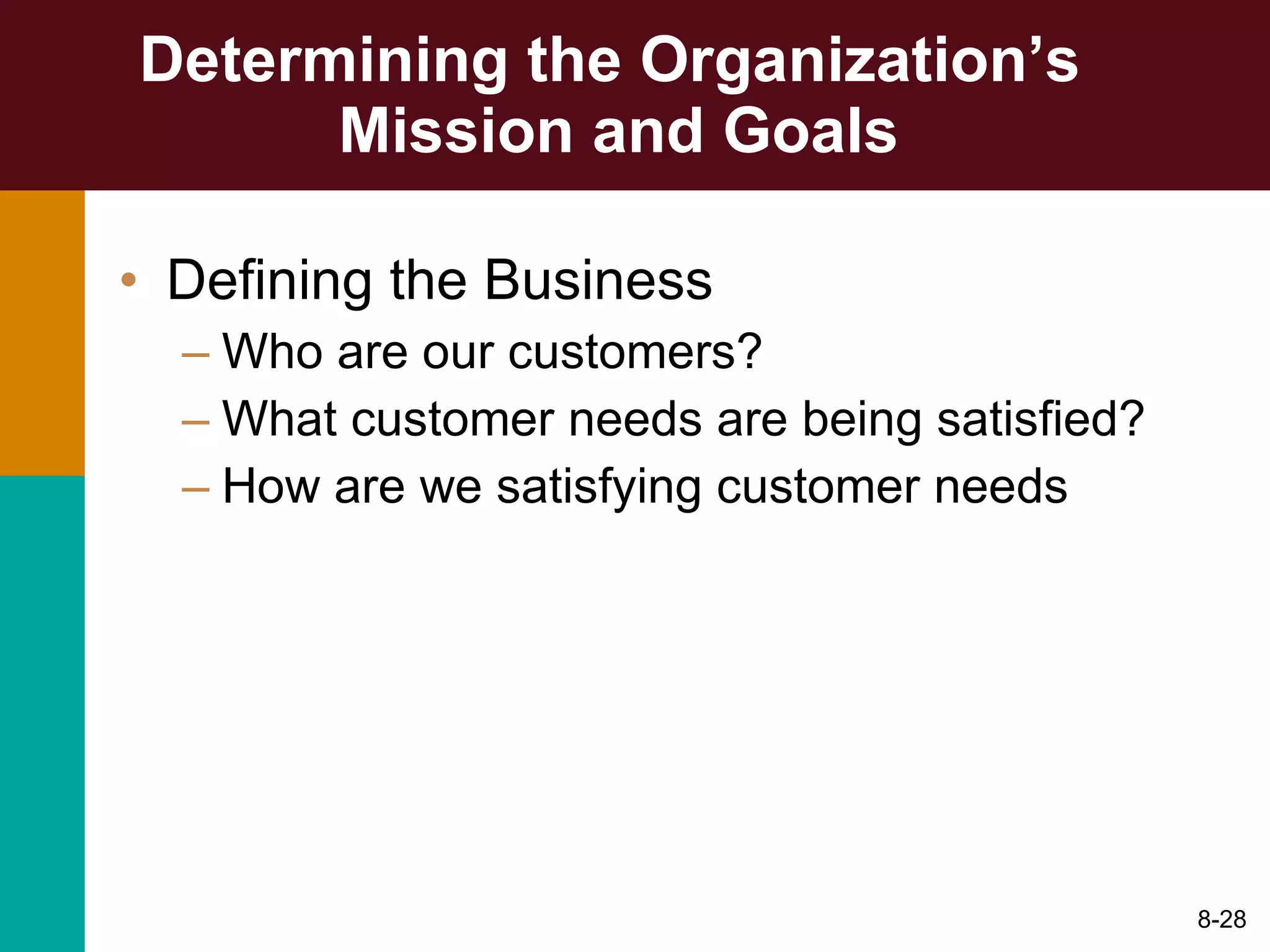 Determining the Organization’s  Mission and Goals Defining the Business Who are our customers? What customer needs are being satisfied? How are we satisfying customer needs  8- 