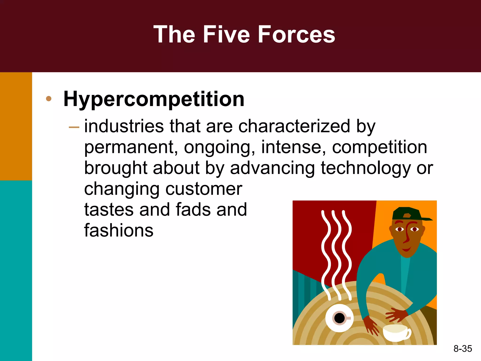 The Five Forces Hypercompetition   industries that are characterized by permanent, ongoing, intense, competition brought about by advancing technology or changing customer  tastes and fads and  fashions 8- 