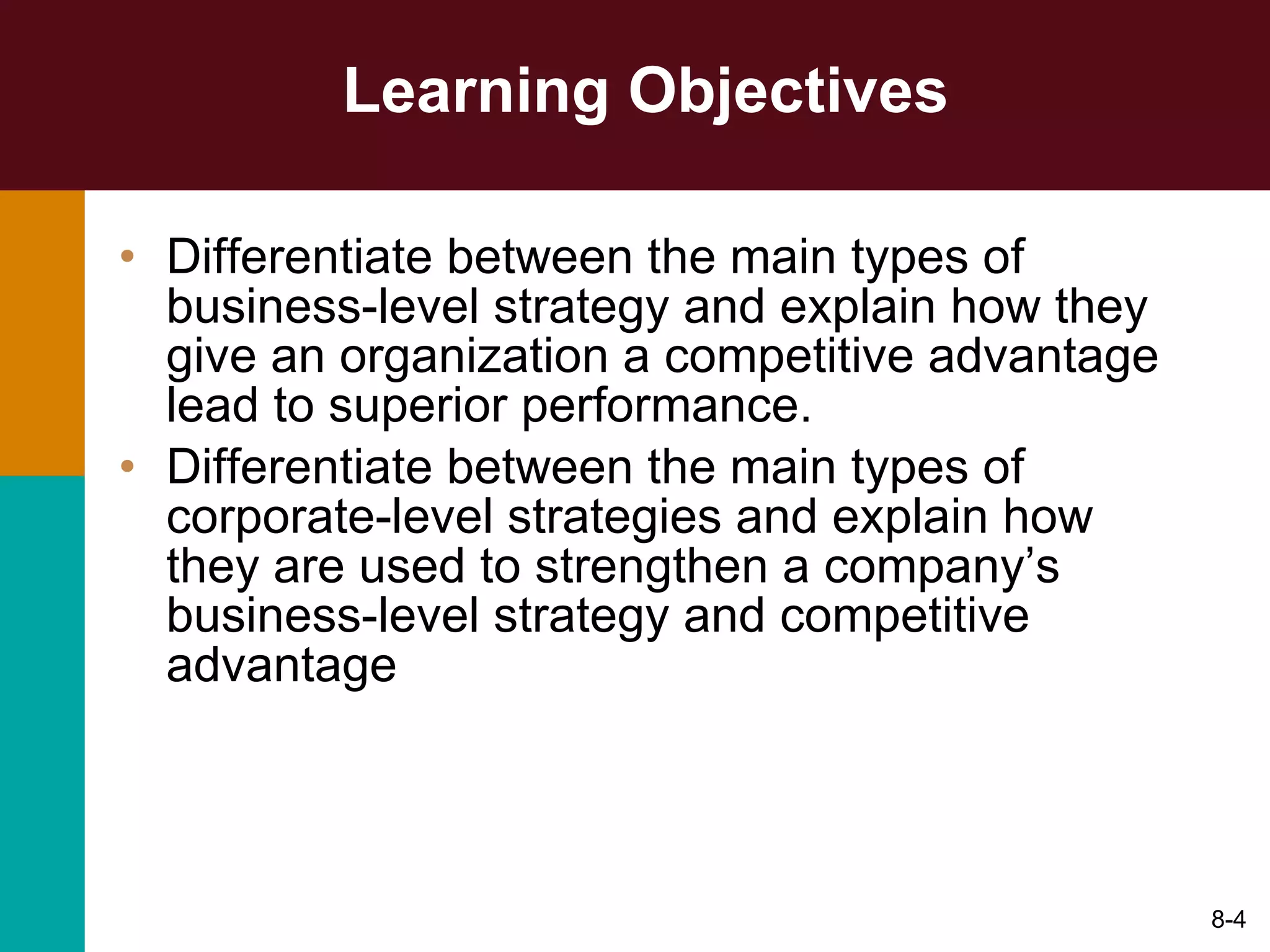 Learning Objectives Differentiate between the main types of business-level strategy and explain how they give an organization a competitive advantage lead to superior performance. Differentiate between the main types of corporate-level strategies and explain how they are used to strengthen a company’s business-level strategy and competitive advantage 8- 