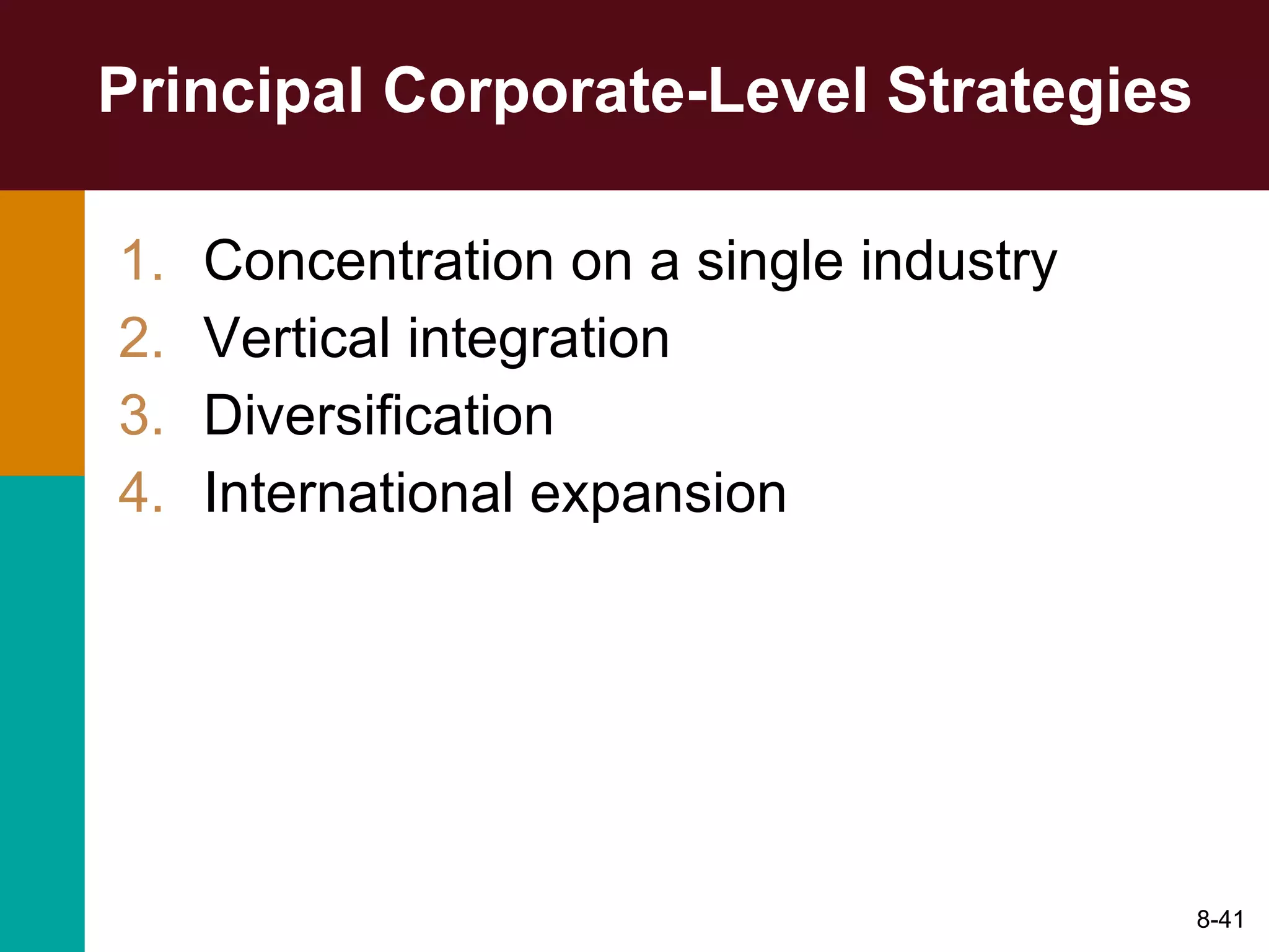 Principal Corporate-Level Strategies Concentration on a single industry Vertical integration Diversification International expansion 8- 