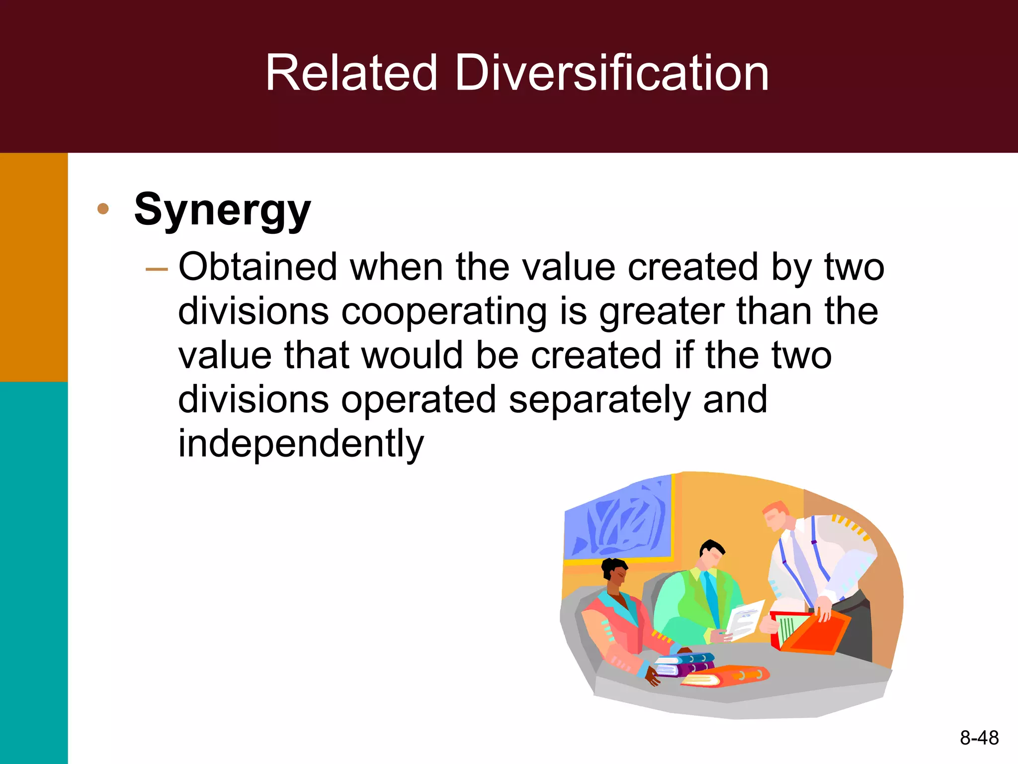 Related Diversification Synergy Obtained when the value created by two divisions cooperating is greater than the value that would be created if the two divisions operated separately and independently 8- 
