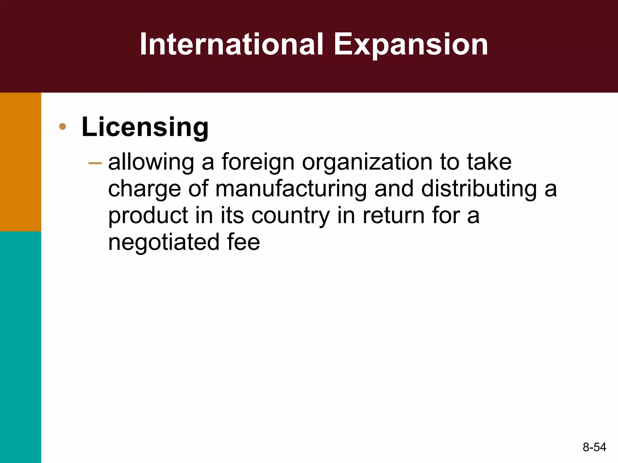 International Expansion Licensing   allowing a foreign organization to take charge of manufacturing and distributing a product in its country in return for a negotiated fee 8- 
