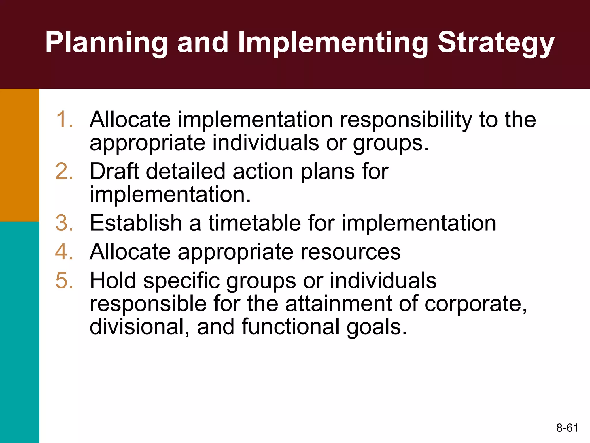 Planning and Implementing Strategy Allocate implementation responsibility to the appropriate individuals or groups. Draft detailed action plans for implementation. Establish a timetable for implementation Allocate appropriate resources Hold specific groups or individuals responsible for the attainment of corporate, divisional, and functional goals. 8- 