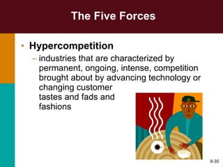 The Five Forces Hypercompetition   industries that are characterized by permanent, ongoing, intense, competition brought about by advancing technology or changing customer  tastes and fads and  fashions 8- 