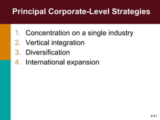 Principal Corporate-Level Strategies Concentration on a single industry Vertical integration Diversification International expansion 8- 