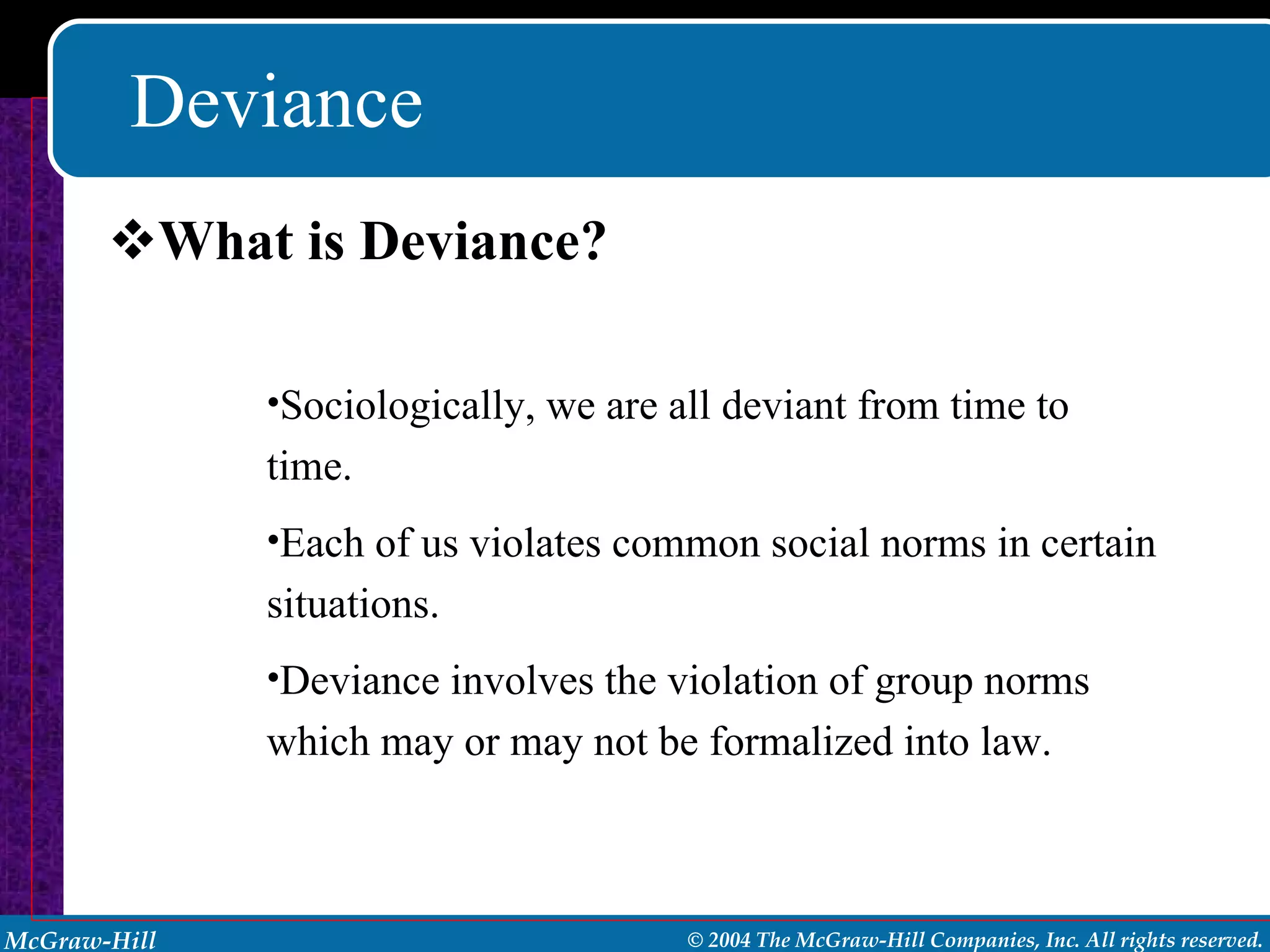 Deviance What is Deviance? Sociologically, we are all deviant from time to time. Each of us violates common social norms in certain situations. Deviance involves the violation of group norms which may or may not be formalized into law. 