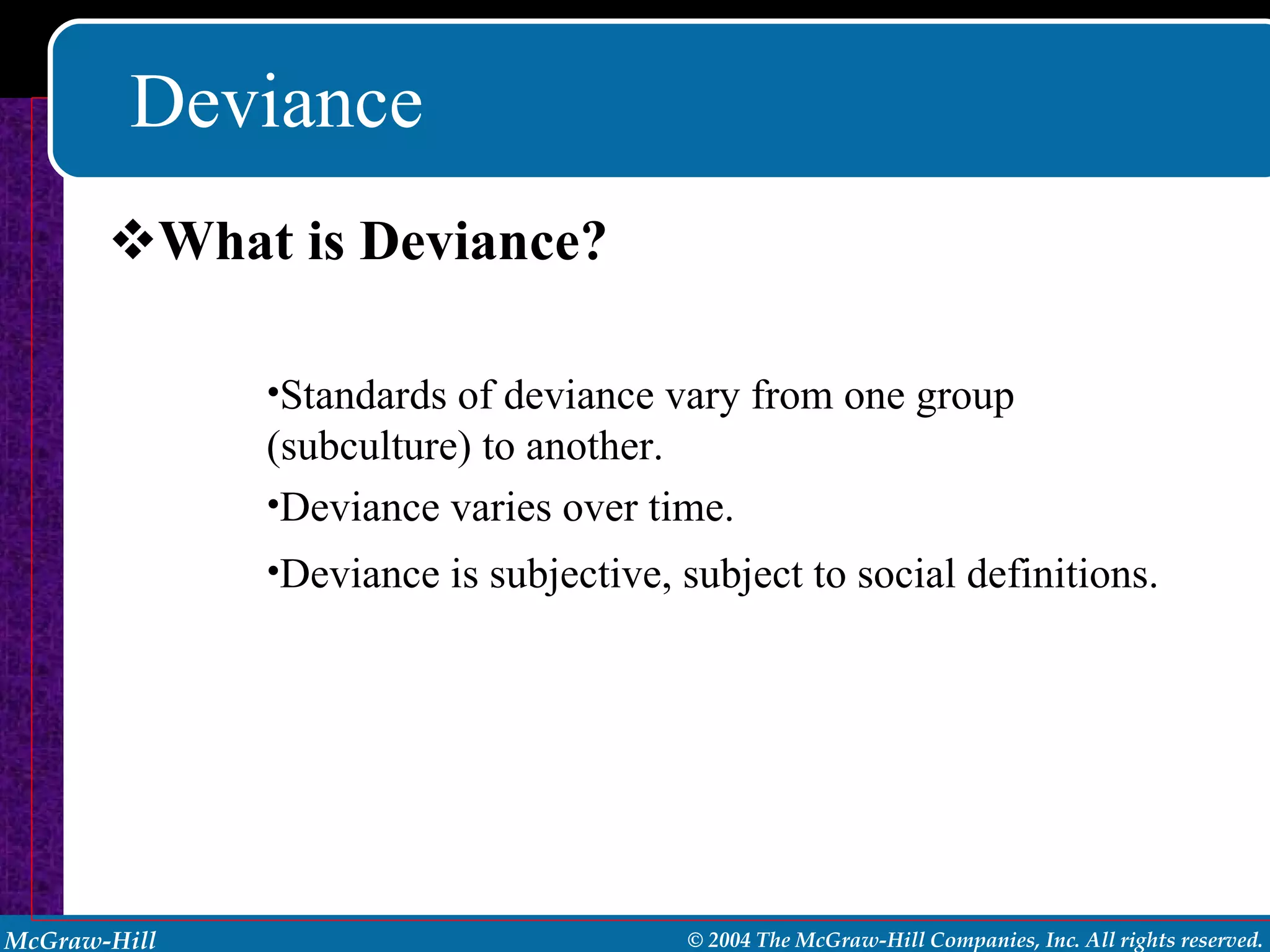Deviance What is Deviance? Standards of deviance vary from one group (subculture) to another. Deviance varies over time. Deviance is subjective, subject to social definitions. 