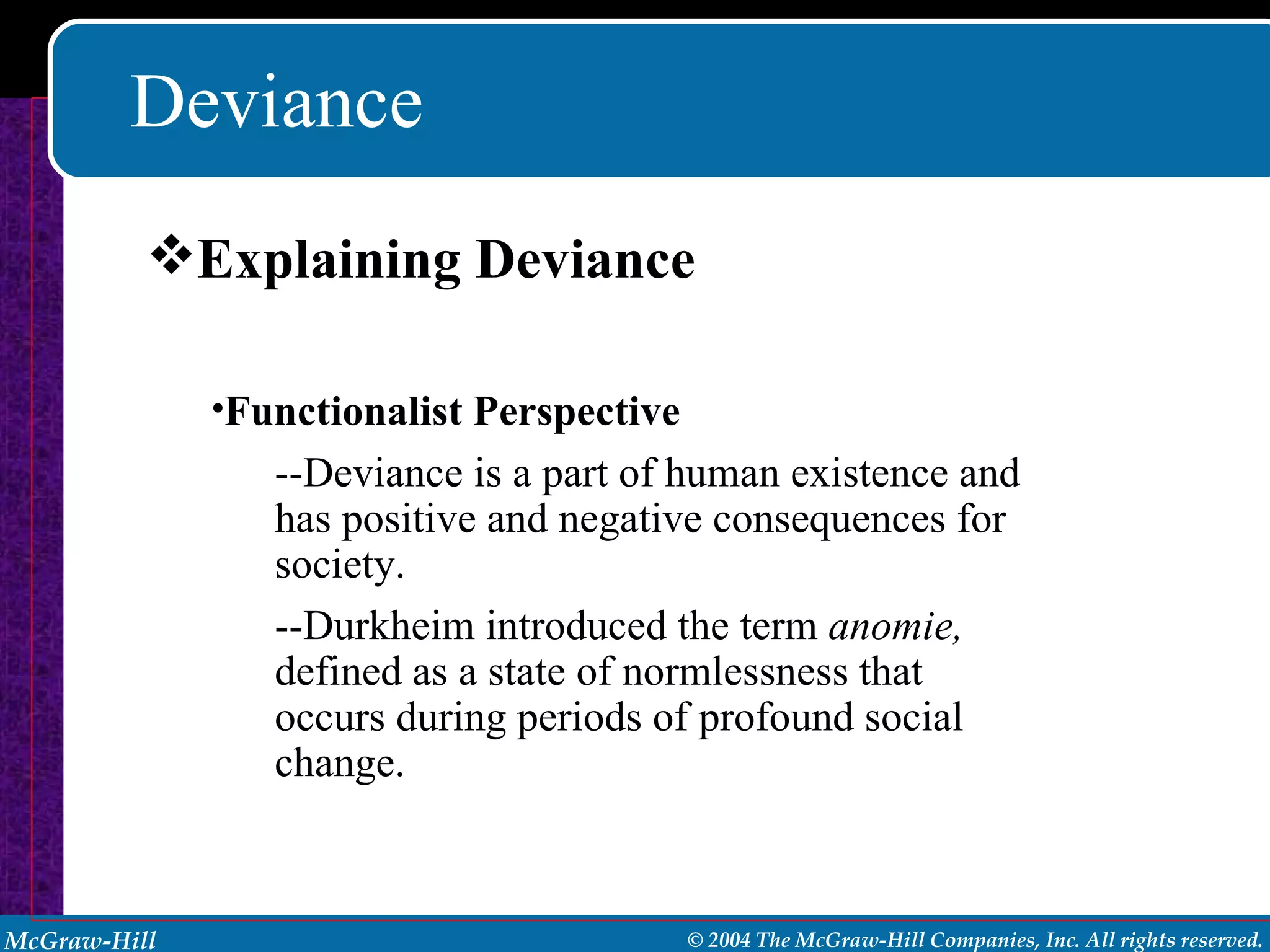 Deviance Explaining Deviance Functionalist Perspective --Deviance is a part of human existence and has positive and negative consequences for society. --Durkheim introduced the term  anomie,  defined as a state of normlessness that occurs during periods of profound social change. 