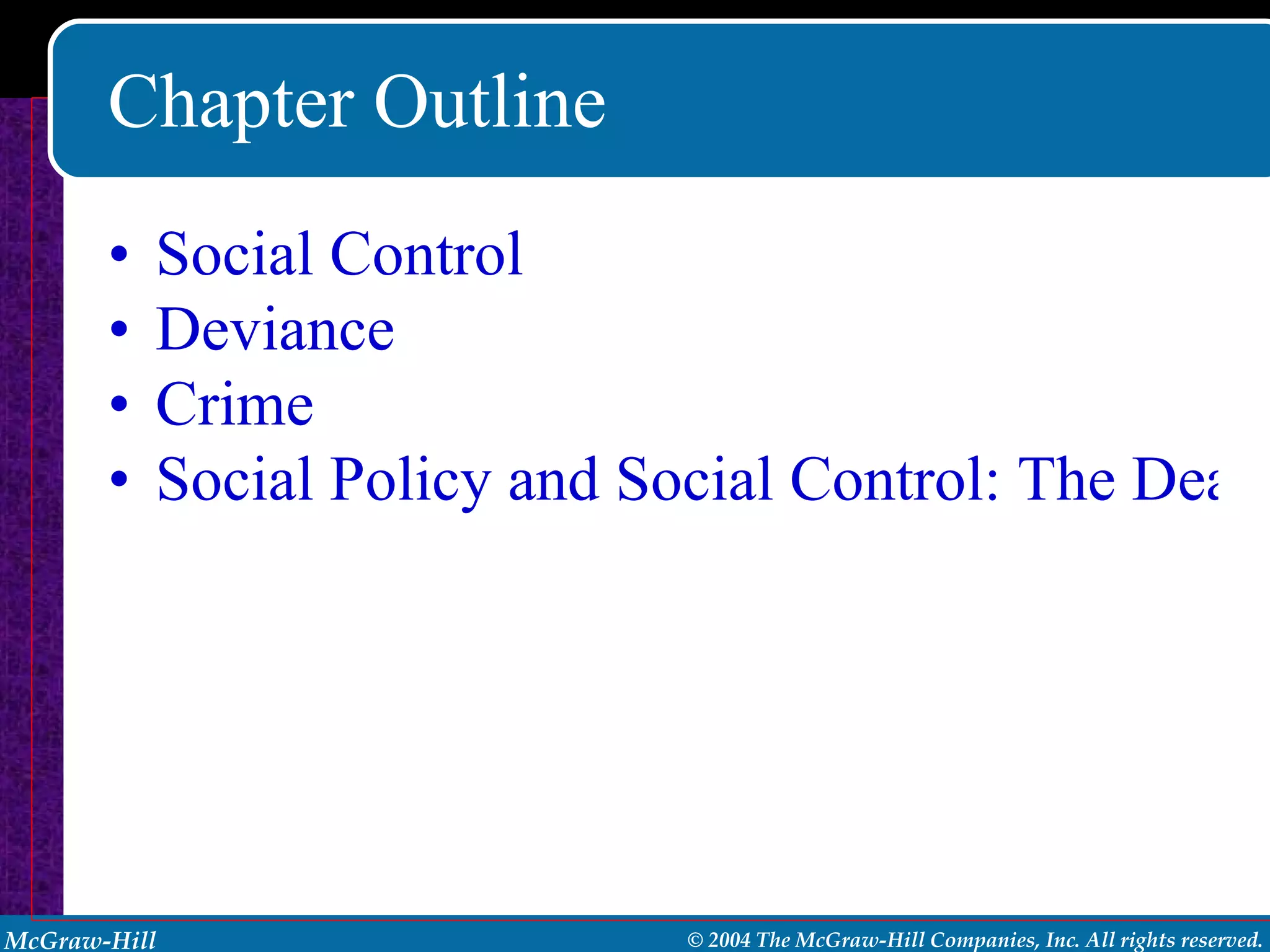 Chapter Outline Social Control Deviance Crime Social Policy and Social Control: The Death Penalty in the United States and Worldwide 