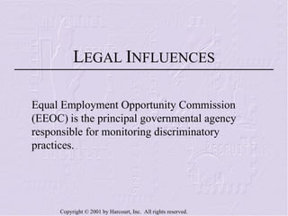 Equal Employment Opportunity Commission (EEOC)   is the principal governmental agency responsible for monitoring discriminatory practices. L EGAL  I NFLUENCES 