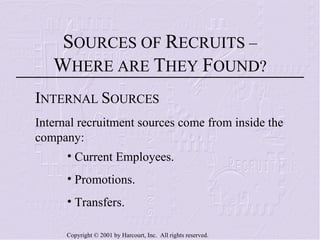 Current Employees. Promotions. Transfers. S OURCES OF  R ECRUITS –  W HERE ARE  T HEY  F OUND? I NTERNAL  S OURCES Internal recruitment sources come from inside the company: 