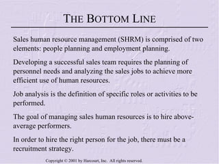 T HE  B OTTOM  L INE Sales human resource management (SHRM) is comprised of two elements: people planning and employment planning. Developing a successful sales team requires the planning of personnel needs and analyzing the sales jobs to achieve more efficient use of human resources. Job analysis is the definition of specific roles or activities to be performed. The goal of managing sales human resources is to hire above-average performers. In order to hire the right person for the job, there must be a recruitment strategy. 