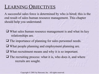What sales human resource management is and what its key  relationships are. The importance of planning for sales personnel needs. What people planning and employment planning are. What recruitment means and why it is so important. The recruiting process: what it is, who does it, and where  recruits are sought. L EARNING  O BJECTIVES A successful sales force is determined by who is hired; this is the end result of sales human resource management. This chapter should help you understand: 