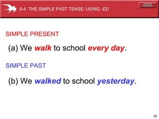SIMPLE PRESENT SIMPLE PAST (a) We  walk  to school  every day . (b) We  walked  to school  yesterday . 8-4  THE SIMPLE PAST TENSE: USING  -ED 