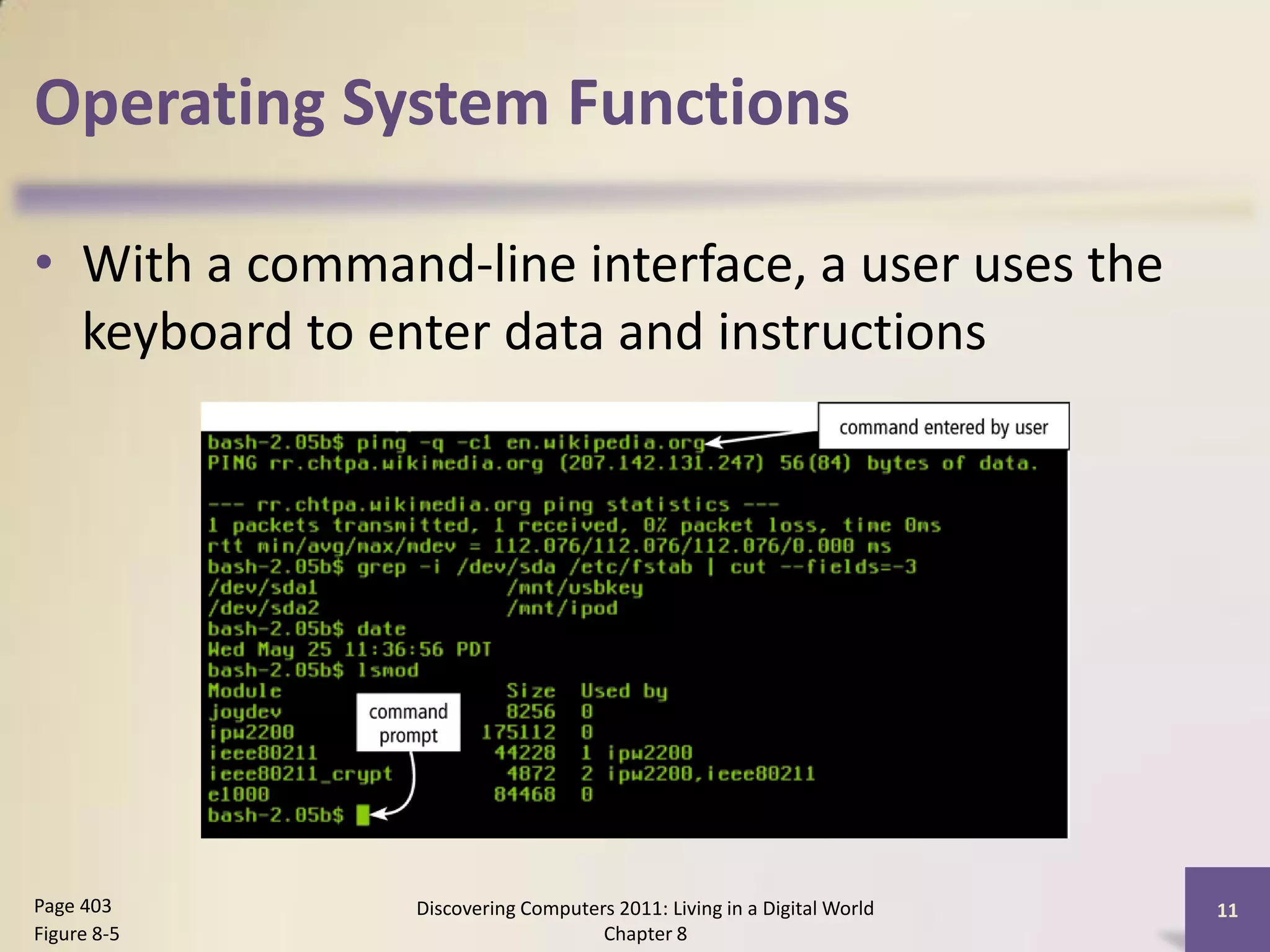 Operating System Functions

• With a command-line interface, a user uses the
  keyboard to enter data and instructions




Page 403        Discovering Computers 2011: Living in a Digital World   11
Figure 8-5                          Chapter 8
 
