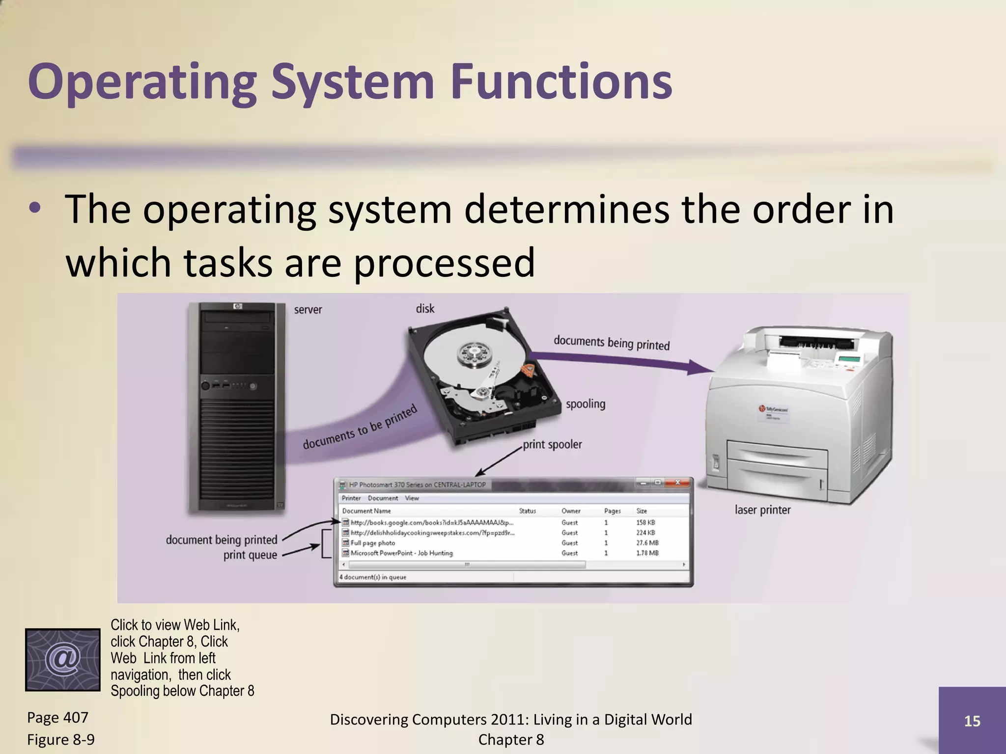 Operating System Functions

• The operating system determines the order in
  which tasks are processed




             Click to view Web Link,
             click Chapter 8, Click
             Web Link from left
             navigation, then click
             Spooling below Chapter 8
Page 407                                Discovering Computers 2011: Living in a Digital World   15
Figure 8-9                                                  Chapter 8
 