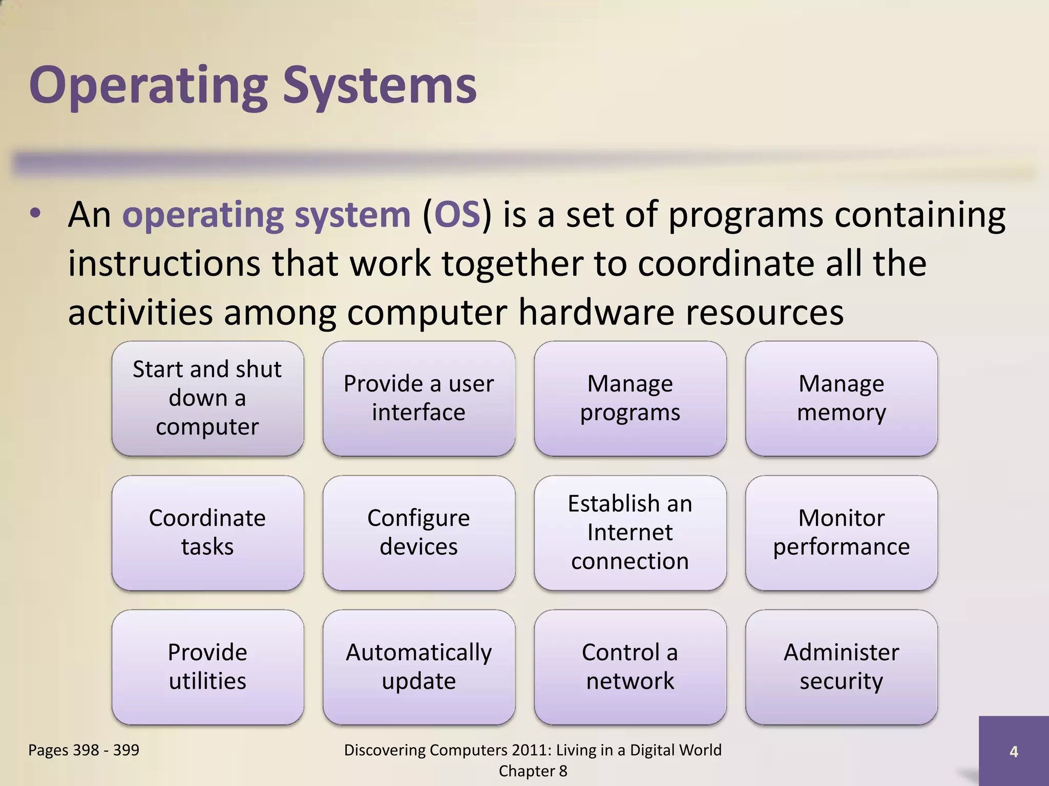 Operating Systems

• An operating system (OS) is a set of programs containing
  instructions that work together to coordinate all the
  activities among computer hardware resources
              Start and shut
                               Provide a user                    Manage                 Manage
                 down a
                                 interface                      programs                memory
                computer

                                                              Establish an
                  Coordinate      Configure                                              Monitor
                                                                Internet
                    tasks          devices                                             performance
                                                              connection


                   Provide     Automatically                    Control a              Administer
                   utilities      update                        network                 security

Pages 398 - 399                Discovering Computers 2011: Living in a Digital World                 4
                                                   Chapter 8
 