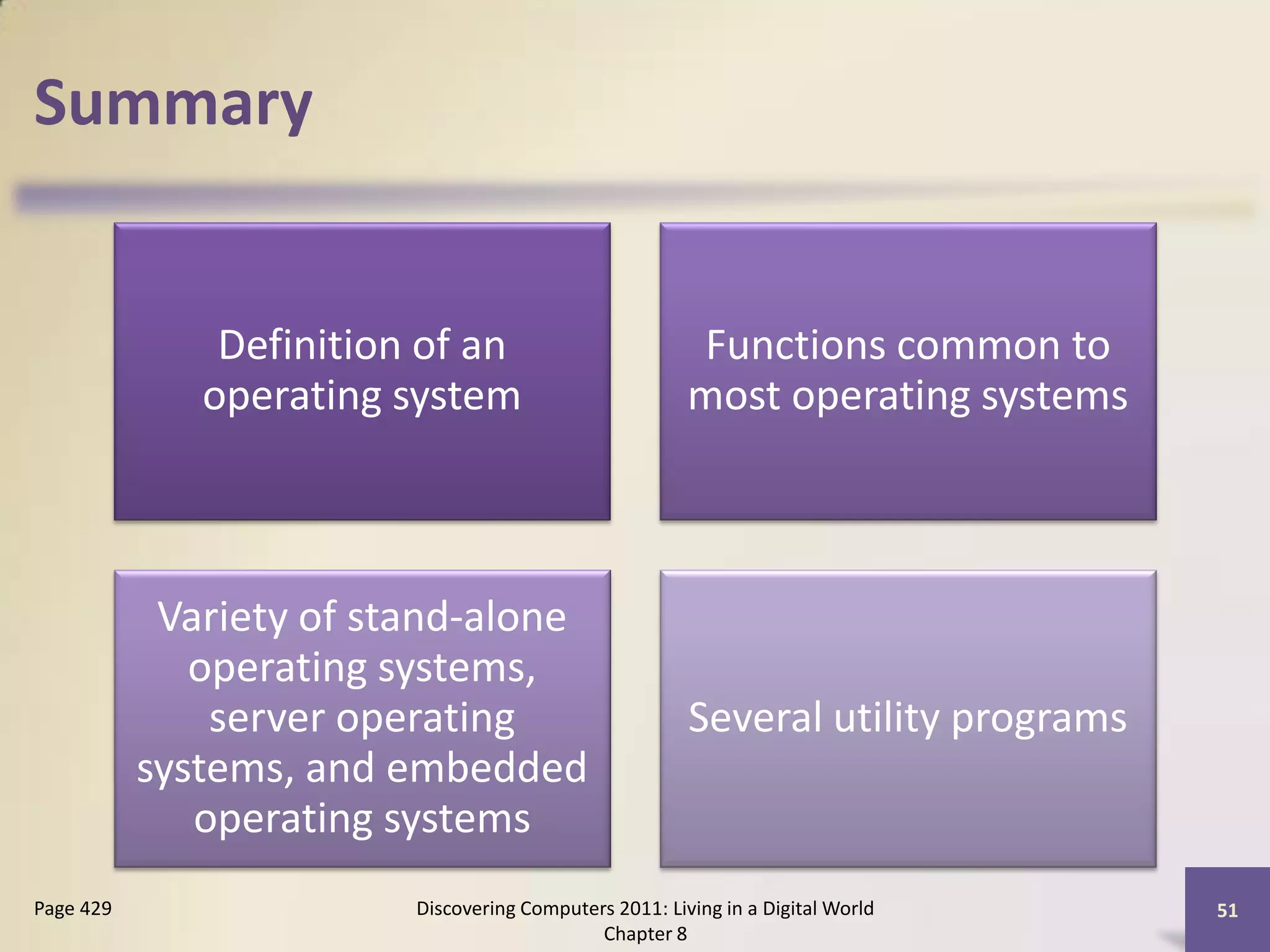 Summary


               Definition of an                         Functions common to
              operating system                          most operating systems



            Variety of stand-alone
              operating systems,
               server operating                         Several utility programs
           systems, and embedded
              operating systems
Page 429                 Discovering Computers 2011: Living in a Digital World     51
                                             Chapter 8
 
