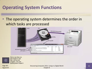 Operating System Functions

• The operating system determines the order in
  which tasks are processed




             Click to view Web Link,
             click Chapter 8, Click
             Web Link from left
             navigation, then click
             Spooling below Chapter 8
Page 407                                Discovering Computers 2011: Living in a Digital World   15
Figure 8-9                                                  Chapter 8
 