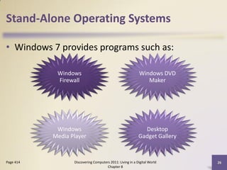 Stand-Alone Operating Systems

• Windows 7 provides programs such as:

            Windows                                        Windows DVD
            Firewall                                          Maker




            Windows                                          Desktop
           Media Player                                    Gadget Gallery



Page 414          Discovering Computers 2011: Living in a Digital World     26
                                      Chapter 8
 