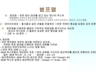 범프맵 범프맵 – 표면 법선 정보를 담고 있는 하나의 텍스처 -  울퉁불퉁한 표면상의 광원 효과를 표현하는데 사용 -  기하적인 변경없이 텍스처만으로 이루어지기 때문에 기하적 정보로만 구현하는 것보다 빠름 . 1.  법선맵 -  모든 범프맵은 표면의 법선을 저장하고 있으며 , 저장된 표면 법선을 이용하여 표면의 변화를 나타냄 . -  각 법선의 표면으로부터 나가는 방향 벡터 .  - 3 개의 벡터 성분 .( i,  j,  k) - RGB  텍스처맵의 색상정보 또한  3 개의 성분을 가지므로 법선벡터를 컬러로 변환하여 저장한 것 일반  RGB  텍스처  : 0. ~ 1.0  법선맵  : -1.0 ~ 1.0 -  법선벡터에서  RGB  텍스처 값으로 변경  : Color = 0.5 * Normal + 0.5 - RGB  텍스처 값에서 법선벡터로 변경  : Normal = 2 * (Color  - 0.5) 와이어프레임 – 철사줄과 같은 선들을 연결하여  3 차원 객체의 형상을 입체감 있게 표현 범프맵을 이용하면 물체의 기하적인 복잡성을 증가시키는 대신에 하나의 텍스처로 그 물체의 상세한 표면 형상을 표현 <  그림  8 – 18  참조  > 