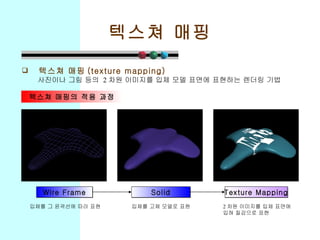 텍스쳐 매핑 텍스쳐 매핑 (texture mapping) 사진이나 그림 등의  2 차원 이미지를 입체 모델 표면에 표현하는 렌더링 기법 텍스쳐 매핑의 적용 과정 Wire Frame Solid 입체를 그 윤곽선에 따라 표현 Texture Mapping 입체를 고체 모델로 표현 2 차원 이미지를 입체 표면에 입혀 질감으로 표현 