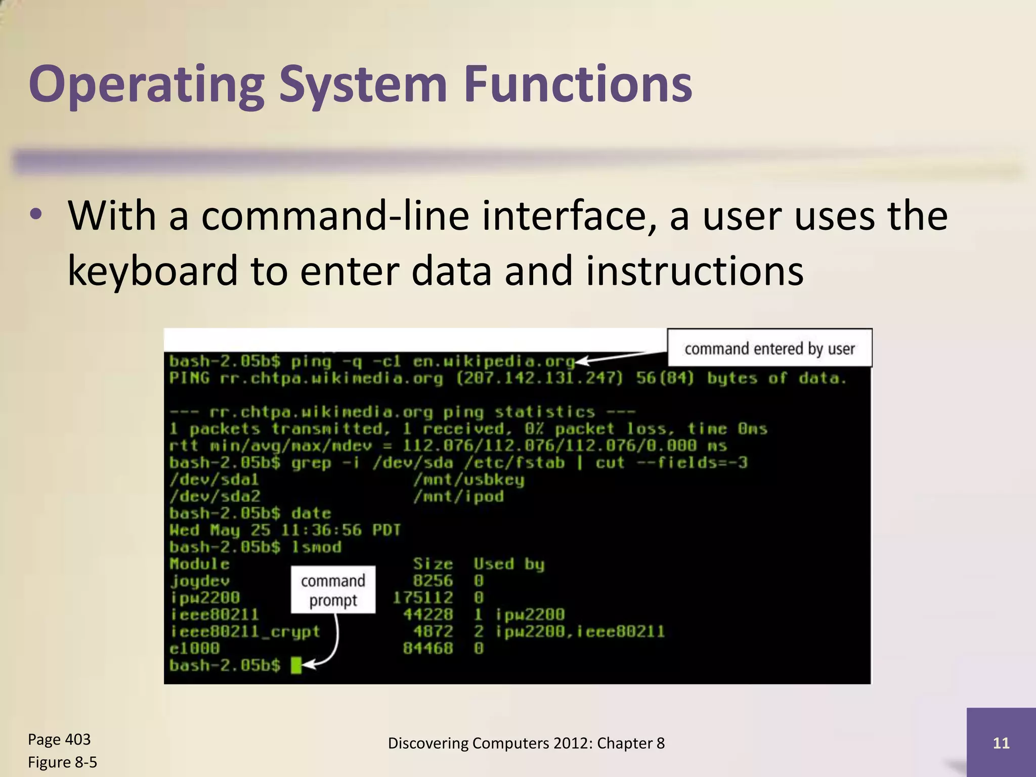 Operating System Functions

• With a command-line interface, a user uses the
  keyboard to enter data and instructions




Page 403          Discovering Computers 2012: Chapter 8   11
Figure 8-5
 