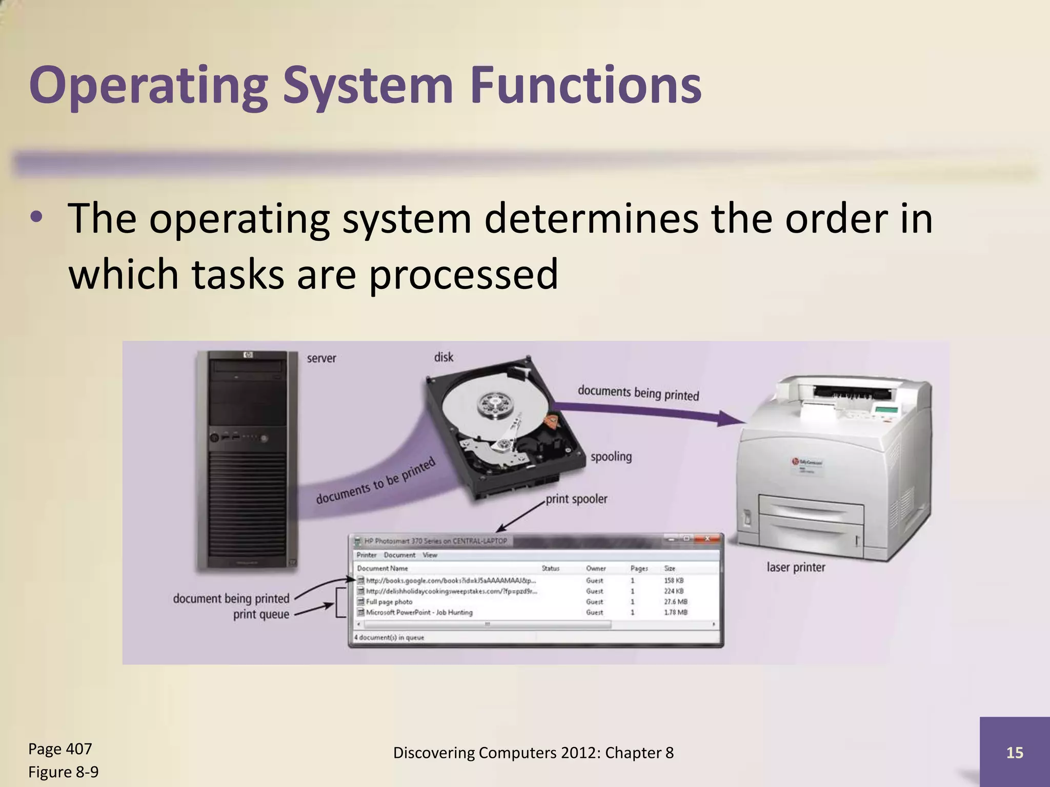 Operating System Functions

• The operating system determines the order in
  which tasks are processed




Page 407          Discovering Computers 2012: Chapter 8   15
Figure 8-9
 
