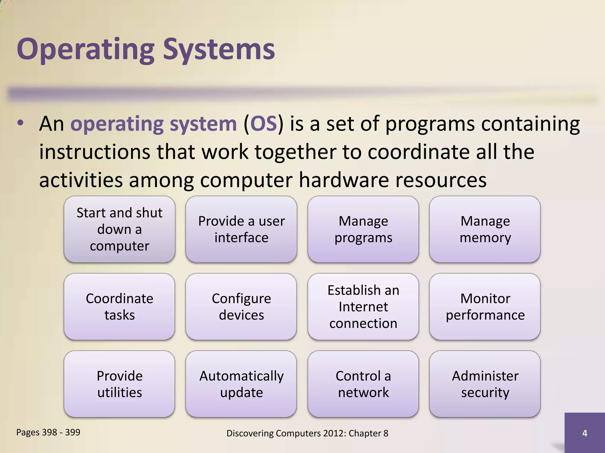 Operating Systems

• An operating system (OS) is a set of programs containing
  instructions that work together to coordinate all the
  activities among computer hardware resources
              Start and shut
                               Provide a user               Manage          Manage
                 down a
                                 interface                 programs         memory
                computer

                                                          Establish an
                  Coordinate     Configure                                   Monitor
                                                            Internet
                    tasks         devices                                  performance
                                                          connection


                   Provide     Automatically               Control a       Administer
                   utilities      update                   network          security

Pages 398 - 399                    Discovering Computers 2012: Chapter 8                 4
 