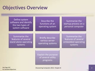 Objectives Overview

                Define system
                                          Describe the                         Summarize the
            software and identify
                                         functions of an                    startup process on a
              the two types of
                                        operating system                     personal computer
              system software


                Summarize the                                                  Summarize the
                                        Briefly describe
              features of several                                            features of several
                                         various server
            stand-alone operating                                           embedded operating
                                       operating systems
                   systems                                                        systems


                                      Explain the purpose
                                        of several utility
                                            programs

See Page 397                        Discovering Computers 2012: Chapter 8                          2
for Detailed Objectives
 