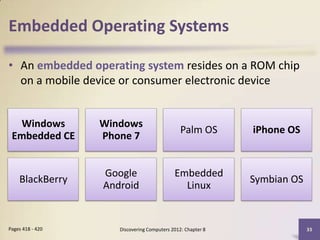Embedded Operating Systems

• An embedded operating system resides on a ROM chip
  on a mobile device or consumer electronic device


   Windows        Windows
                                               Palm OS       iPhone OS
 Embedded CE      Phone 7


                  Google                    Embedded
    BlackBerry                                               Symbian OS
                  Android                     Linux


Pages 418 - 420      Discovering Computers 2012: Chapter 8                33
 